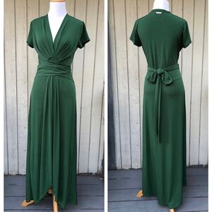 Michael Kors Wrap Pleated Gathered Short Sleeves Jersey Green Maxi Dress size 6